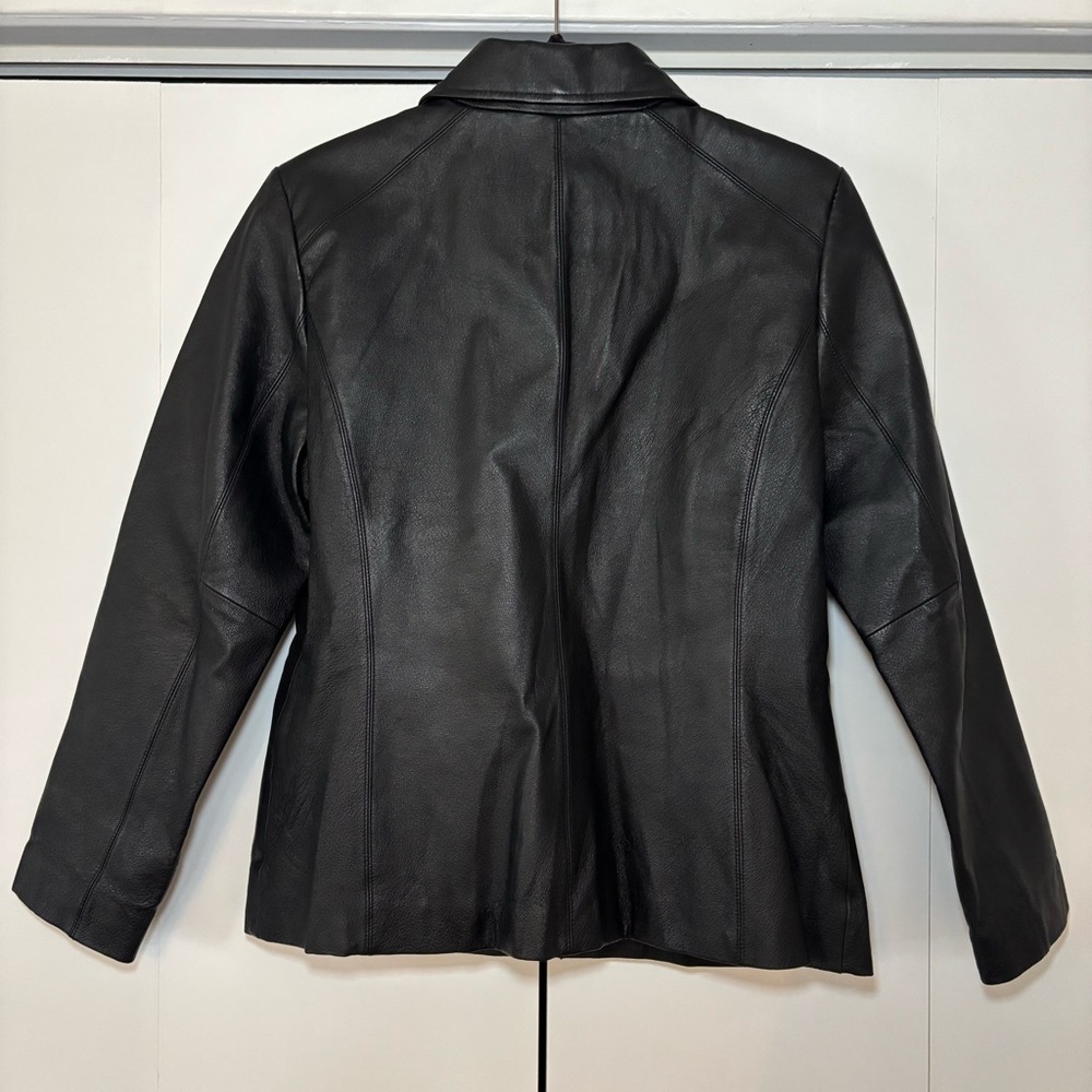 Worthington Women’s Black Genuine Leather Zip Jacket Red Lining Petite Medium - Picture 2 of 8